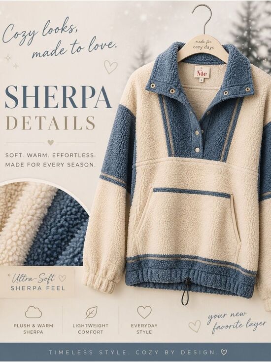 So Me Tops - So Me Cream Blue Sherpa Pullover Hoodie Size Small